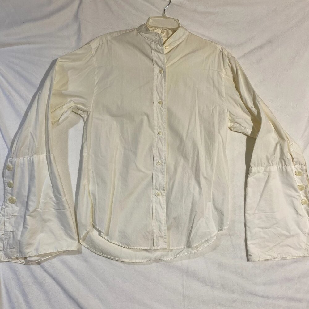 Vintage Edward Allen Button-Up Shirt Womens M Ivory Band Collar Flare Sleeve USA